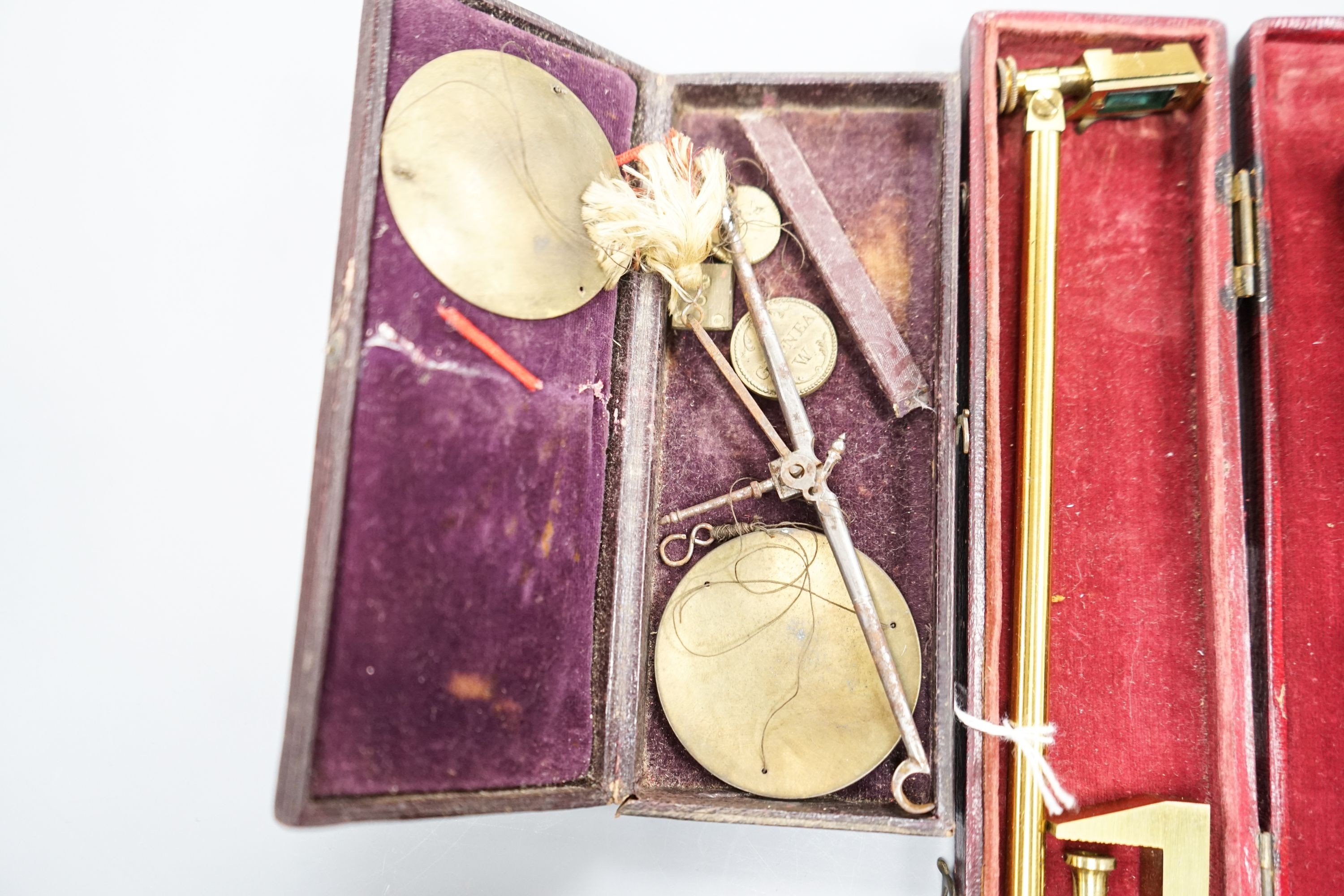 A Chinese carved sandalwood card case, a cased set of Avery gold scales, a Zonex telescope, a cased Cary prismatic instrument and a floral carved wood box.